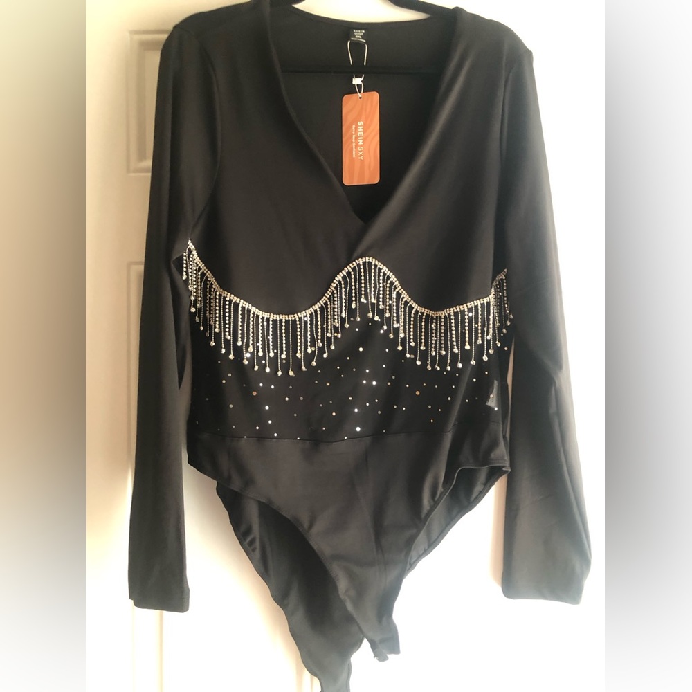 SHEIN Womens Plus 3x Sexy Rhinestone Fringe Mesh Bodysuit